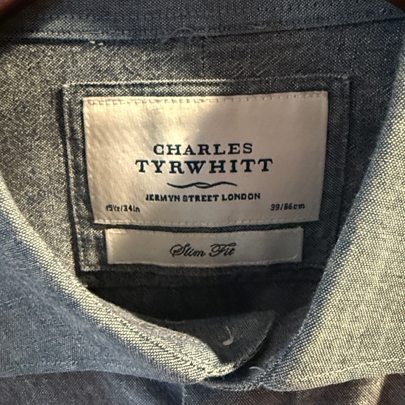 Men's Charles Tyrwhitt Blue Chambray Button-Up Shirt — Sz 15-1/2 34, Slim Fit - Picture 5 of 5